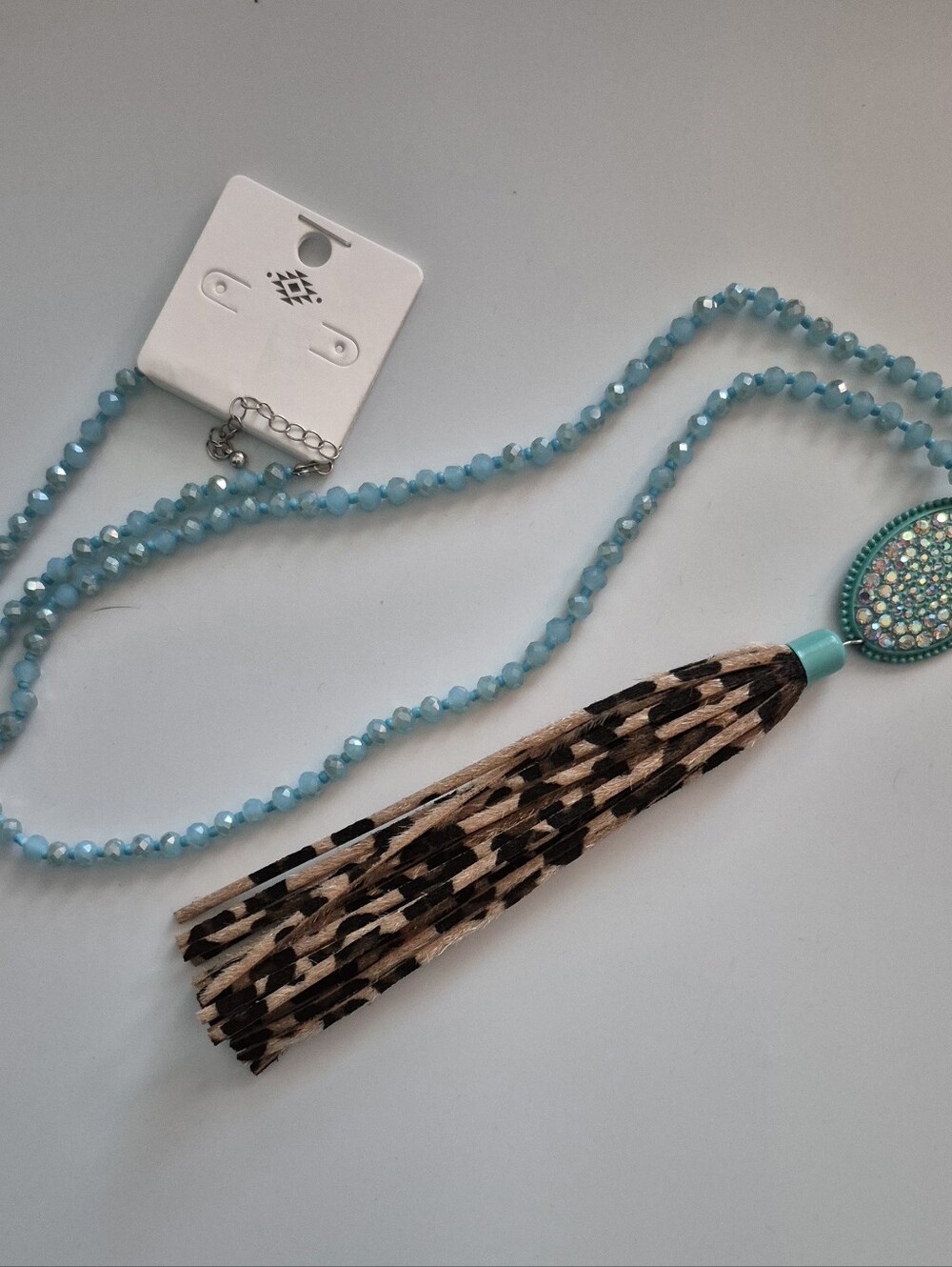 Faux Turquoise Beaded Necklace with Leopard-Print Tassel and Crystal Pendant